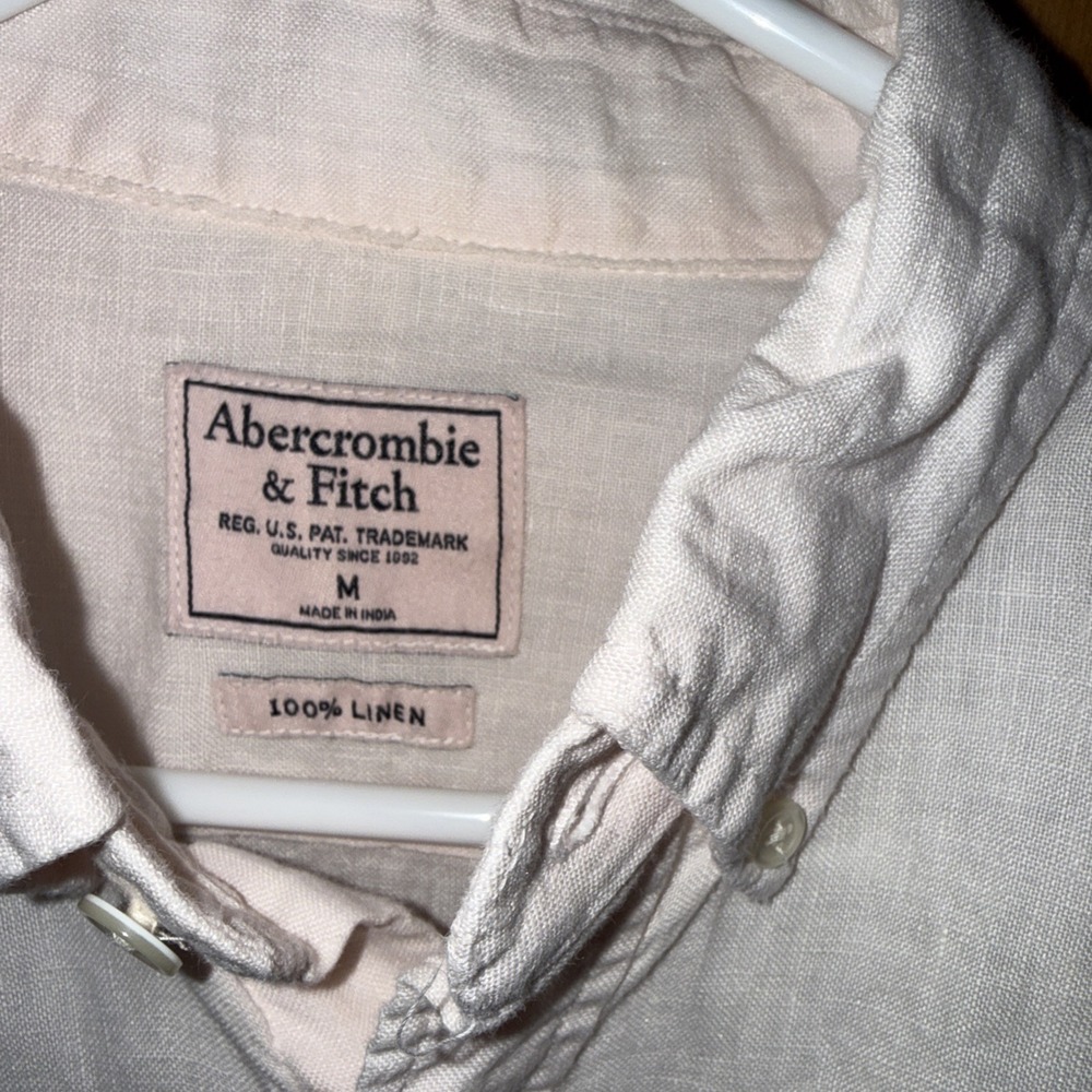 Abercrombie & Fitch 100% Linen Button Down Shirt Mens Medium Pink/ White L/S - Picture 2 of 4